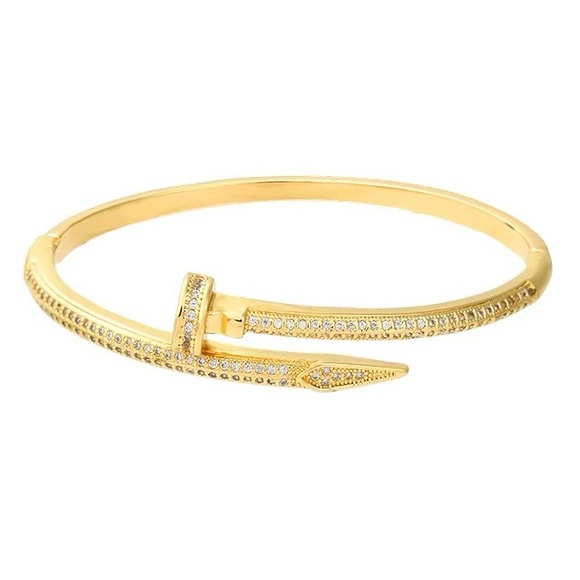 18k Gold Plated Stainless Steel Nail AAA CZ Bangle Bracelet - Picture 3 of 6